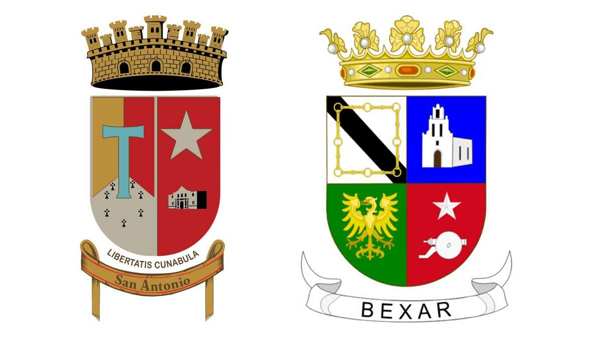 The city of San Antonio (left) and Bexar County have an official coat of arms. They are recognized by Spain and were adopted in 1971. 