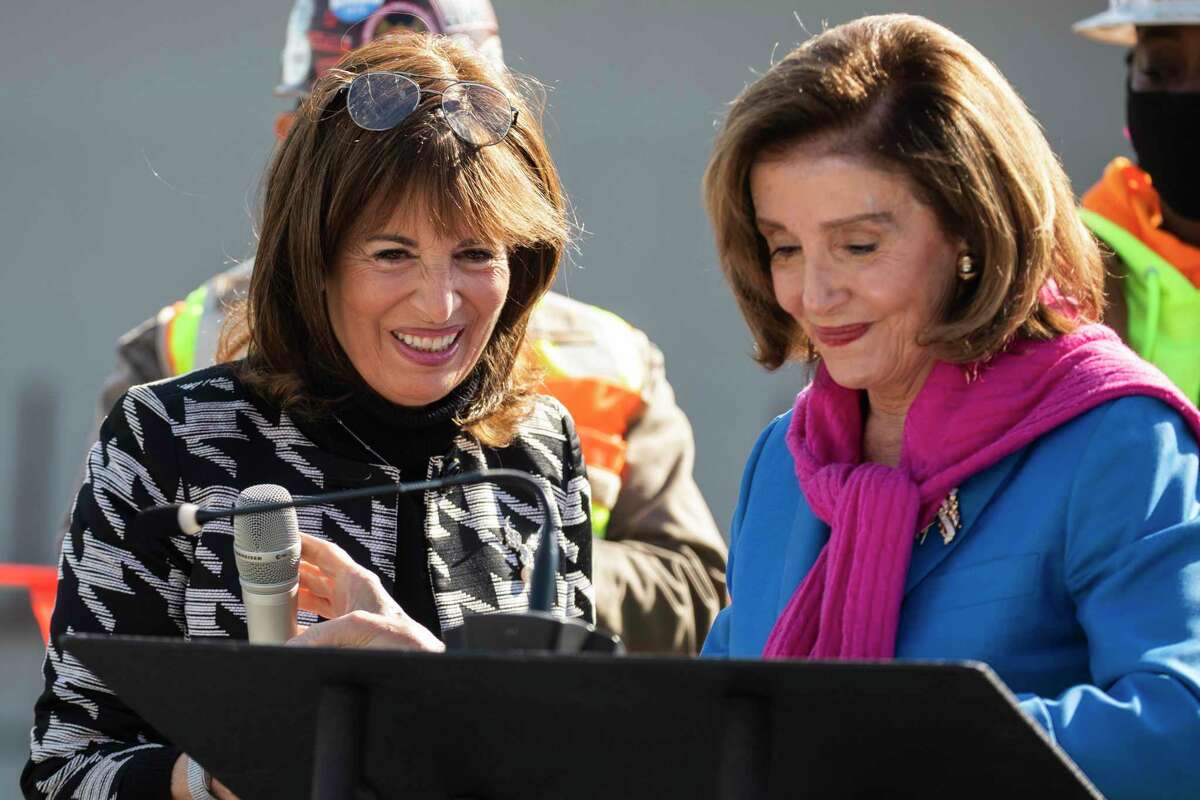Rep. Jackie Speier, D-San Mateo, and House Speaker Nancy Pelosi, D-San Francisco, appear at an infrastructure event at San Francisco International Airport in January.