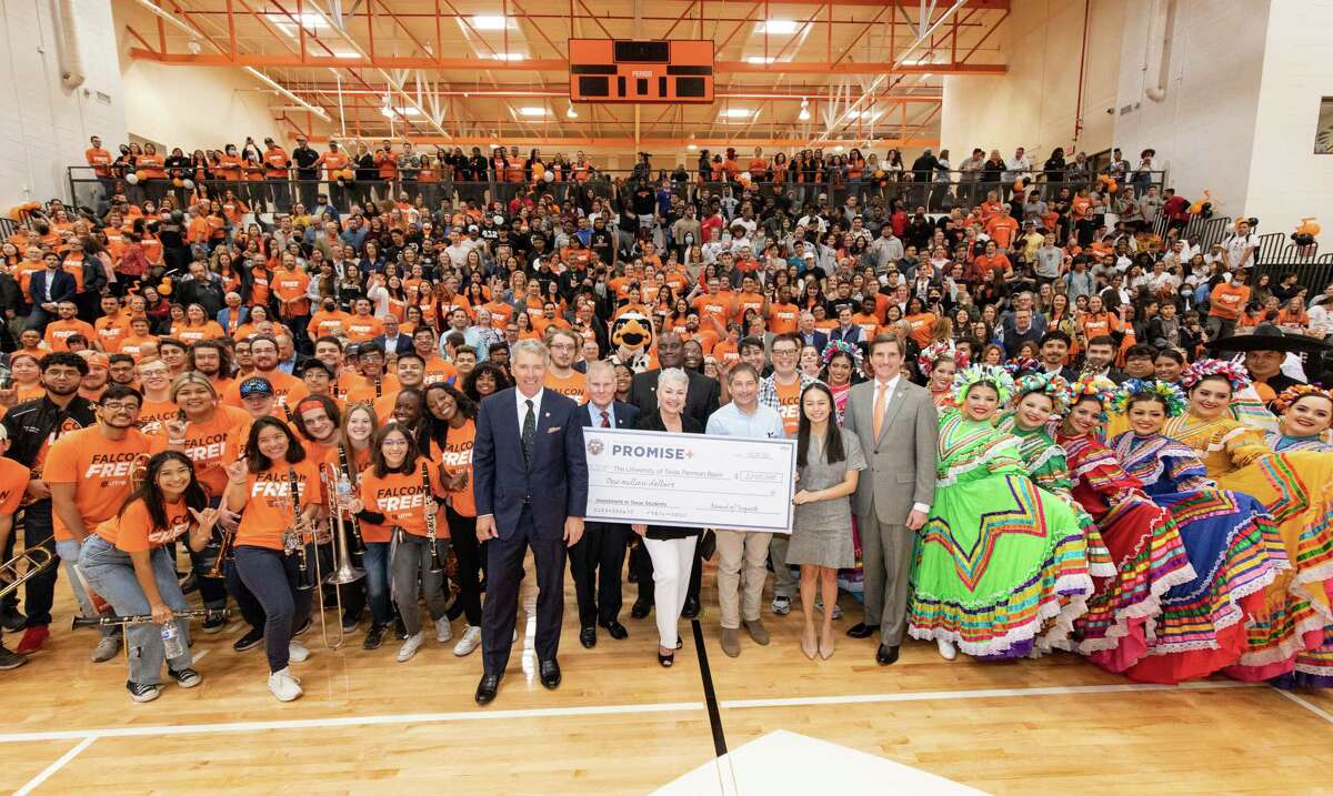 University of Texas Permian Basin announced the Falcon Free Program on March 15, 2022 in the UTPB Gym. The program allows students of families making less than $100,000 a year to attend UTPB tuition-free. Pictured in front row, left to right: UT System Chancellor James B. Milliken, UT System Regent Stuart W. Stedman, UTPB President Sandra Woodley, UT System Regents Chairman Kevin P. Eltife, UT System Student Regent Thuy Dan “Mimi” Nguyen, and State Representative Brooks Landgraf. Pictured in second row, left to right: UT System Vice Chancellor Archie L. Holmes Jr. and UTPB Student Body Vice President Brandon Lippert. MANDATORY CREDIT: The Oilfield Photographer, Inc.