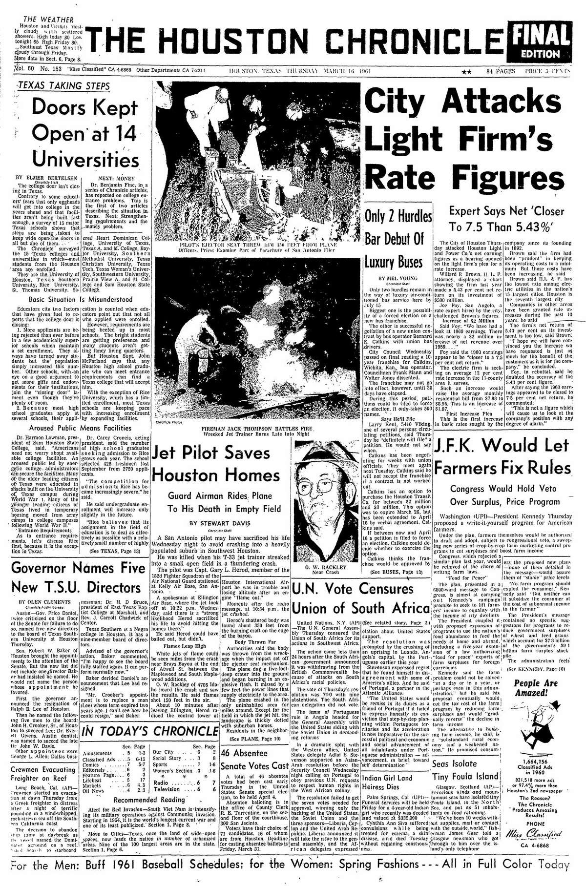 Houston Chronicle front page from March 16, 1961.