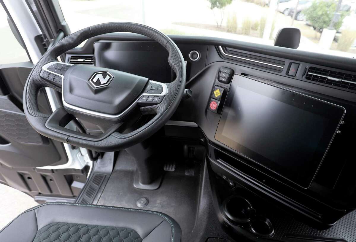 The interior of a Nikola Motors battery-electric truck called the Tre BEV is seen Feb. 23, 2022 at the Holt company headquarters in southeast San Antonio. Holt Truck Centers announced in July 2021 it would be an authorized dealer of the Arizona-based Nikola Corporation?•s electric Class 8 trucks.