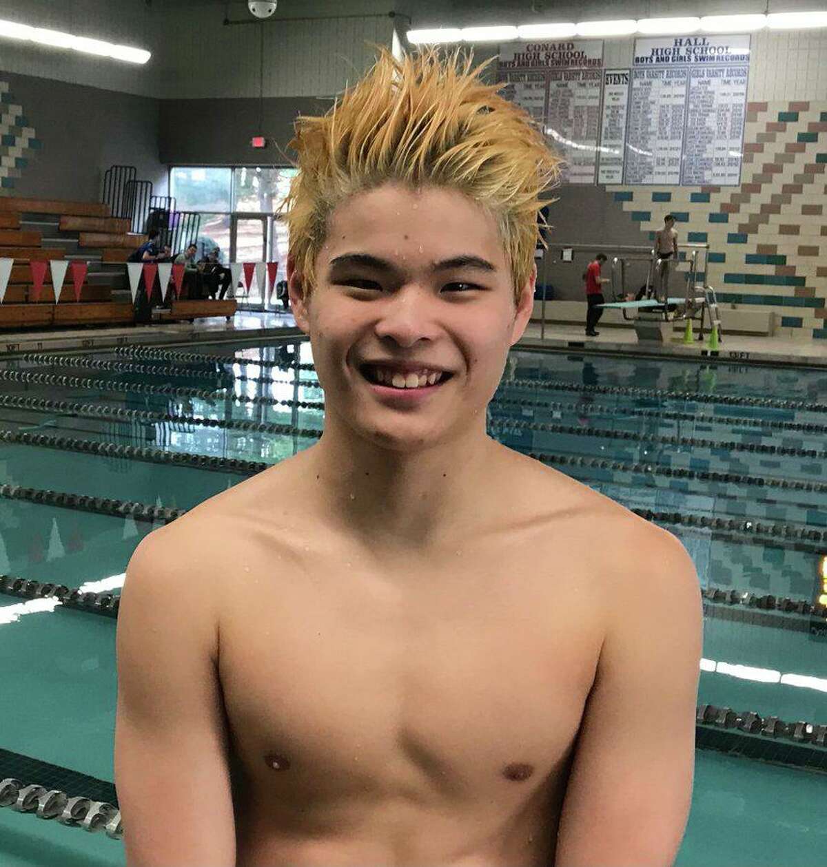 New Canaan’s Jack Haley won the 200 and 500 freestyles to help lead the Rams to the CIAC Class L state swimming and diving championship at Cornerstone Aquatics in West Hartford Tuesday.