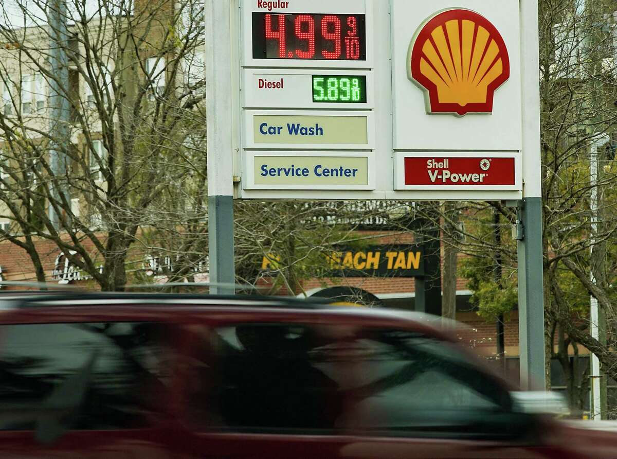 Gas prices listed for a Shell gas station on Memorial Drive ain Houston on Monday, March 14, 2022. At $4.99, the station had the most expensive gas in the area, however there were deals to save money per gallon according to the Gas Buddy application.