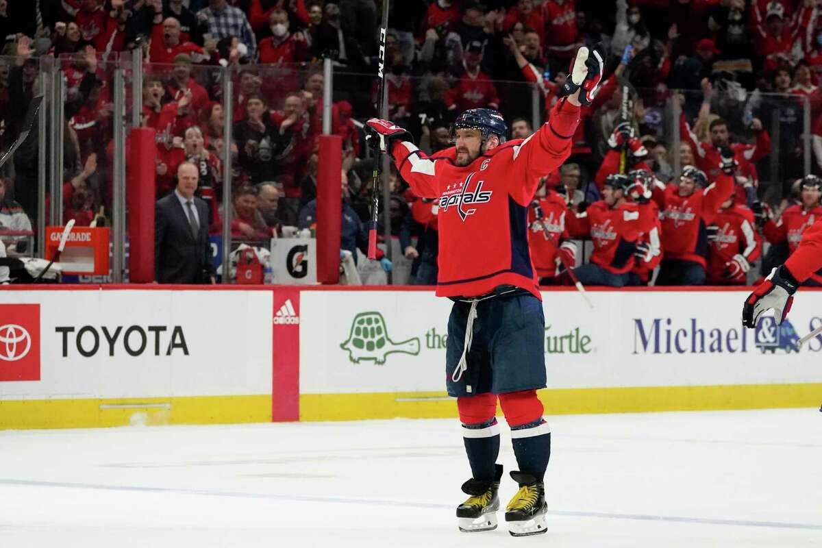 Capitals winger Alex Ovechkin (8) celebrates after scoring a goal against the New York Islanders during the third period.