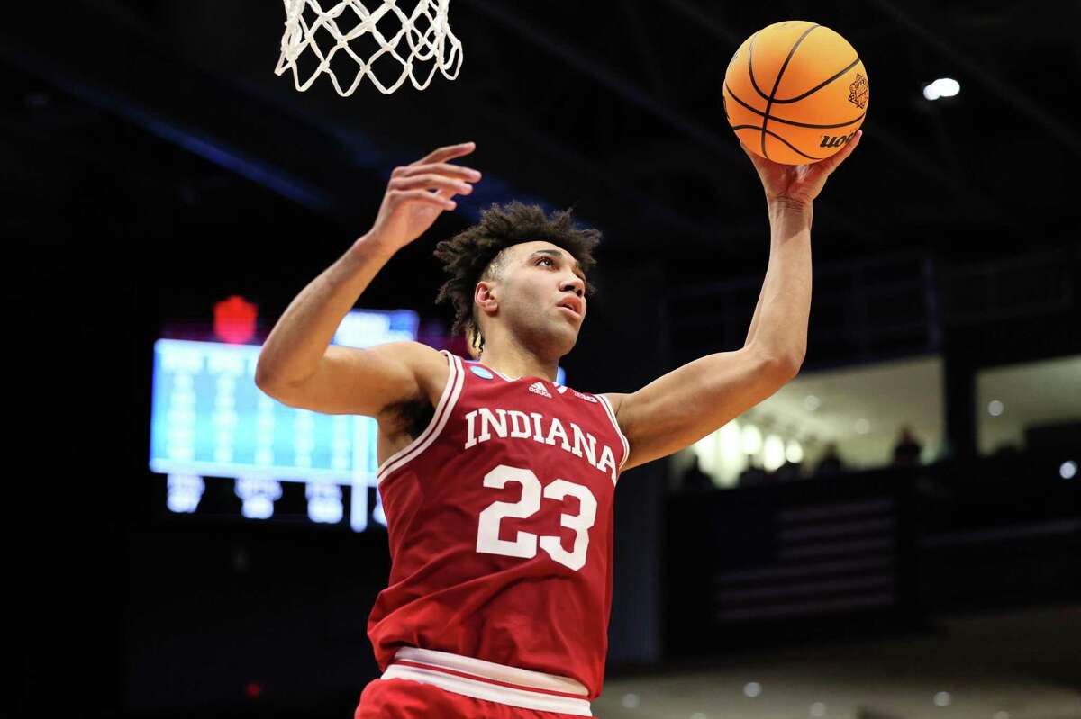 DAYTON, OHIO - MARCH 15: Trayce Jackson-Davis #23 of the Indiana Hoosiers grabs a rebound against the Wyoming Cowboys during the second half in the First Four game of the 2022 NCAA Men's Basketball Tournament at UD Arena on March 15, 2022 in Dayton, Ohio. (Photo by Andy Lyons/Getty Images)