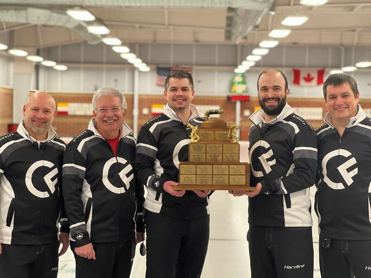 Members of the Midland Curling Club's Team Carlson are (from left) Scott Strouse, lead Peter Waters, skip Aaron Carlson, second Nathan Spoelhof, and vice Matt Whaley.