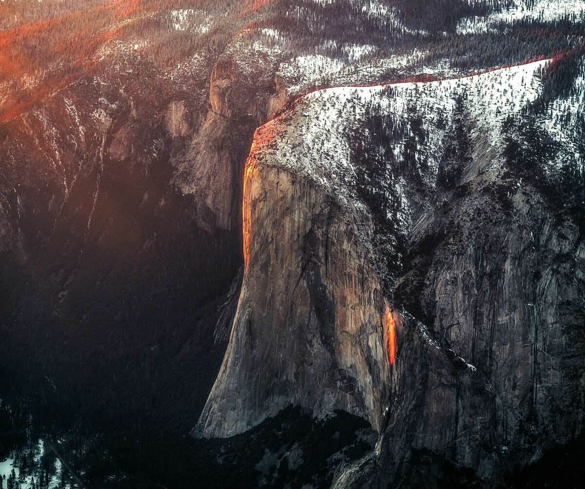 Yosemite Falls of Fire, seen from an airplane above the park.