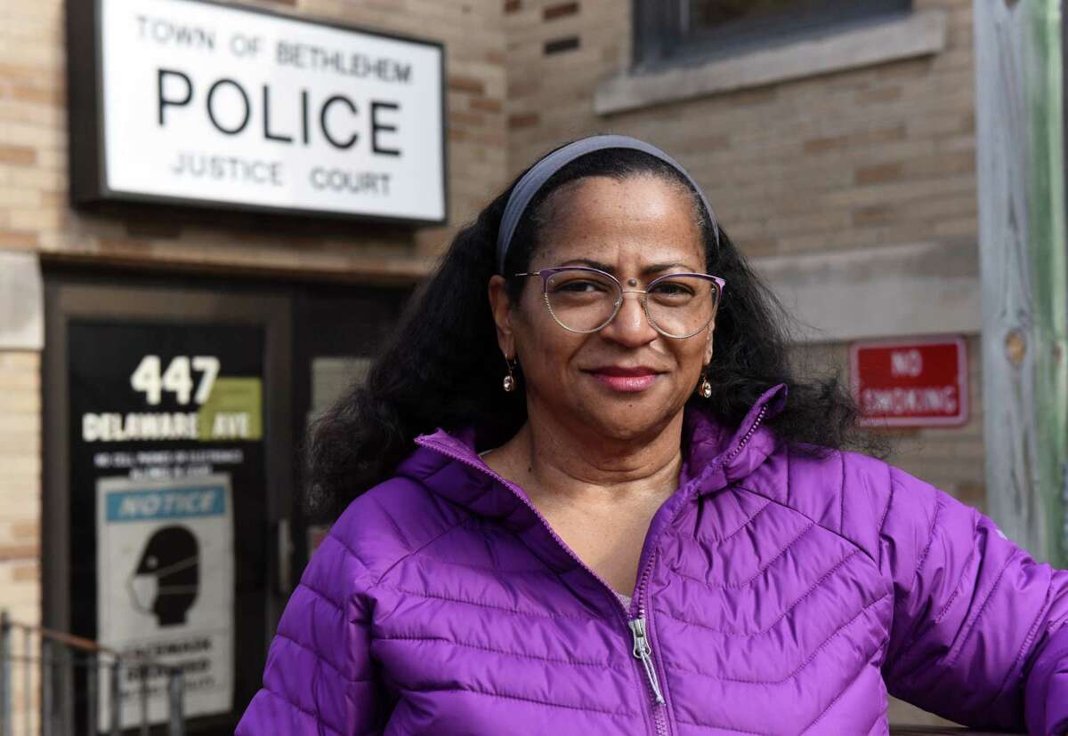 Jaye Holly stands outside the Bethlehem Police Department on Wednesday, March 16, 2022, in Delmar, N.Y. Jaye has been outspoken about the slow police reform process in Bethlehem.