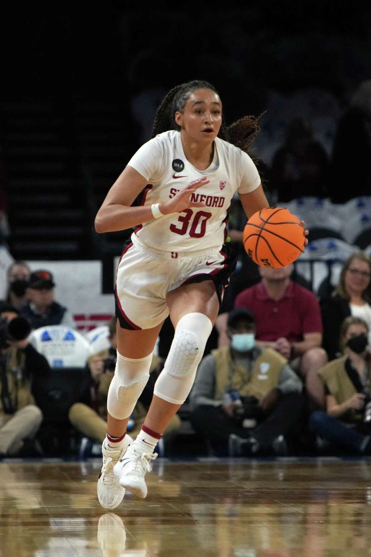 LAS VEGAS, NEVADA - MARCH 06: Haley Jones #30 of the Stanford Cardinal advances the ball against the Utah Utes during the championship game of the Pac-12 Conference women's basketball tournament at Michelob ULTRA Arena on March 06, 2022 in Las Vegas, Nevada. (Photo by Joe Buglewicz/Getty Images)