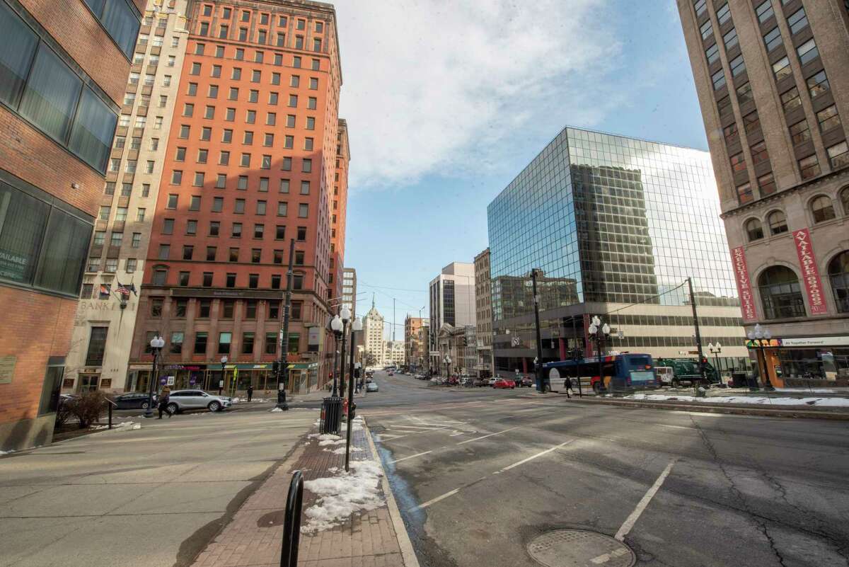 The intersection of State Street and North Pearl Street, left, and South Pearl Street, right, on Monday, March 14, 2022, in Albany.