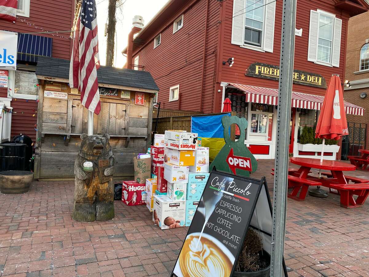 Supplies destined for Ukraine left in front of Saugatuck Sweets in downtown Fairfield. The Ukrainian American Club is conducting another supplies donation drive Saturday, March 19, 2022.