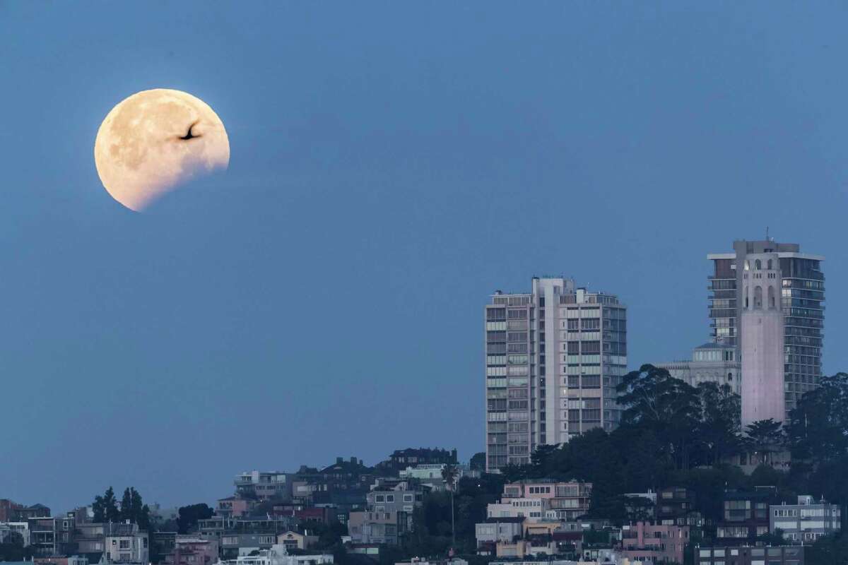 A partially-eclipsemoon is visible before it sets behind Telegraph Hill in San Francisco, Calif. A full moon, known as a worm moon, will rise on St. Patrick’s Day.
