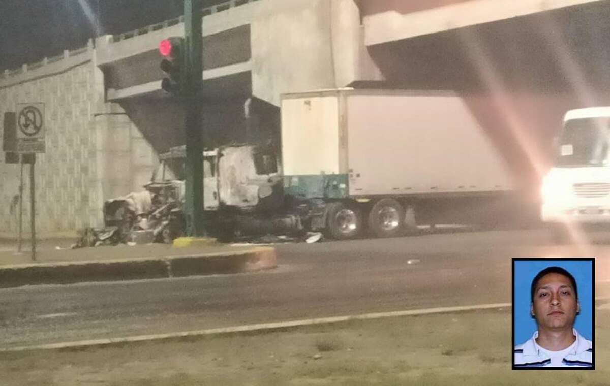 Cartel Del Noreste leader Juan Gerardo Treviño Chavez, also known as “El Huevo,” was arrested in Nuevo Laredo, Mexican federal officials announced Monday, March 14, 2022. In response, cartel members allegedly burned trucks for blockades and fired weapons in the city in the early hours of Monday morning. Pictured is a destroyed tractor-trailer.