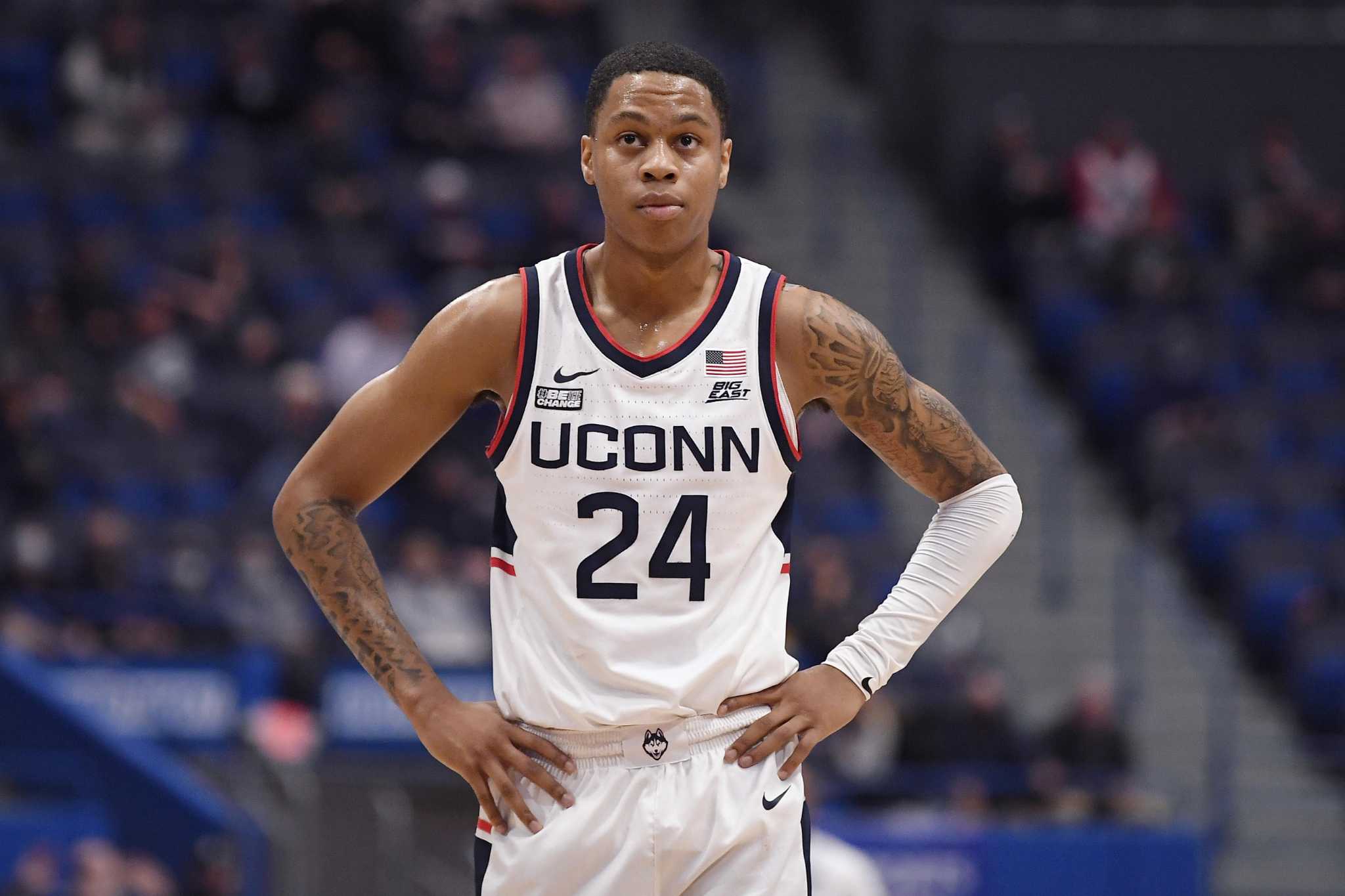 HARTFORD, CT - JANUARY 15: UConn Huskies guard Jordan Hawkins (24) warms up  prior to the college basketball game between St John's Red Storm and UConn  Huskies on January 15, 2023, at