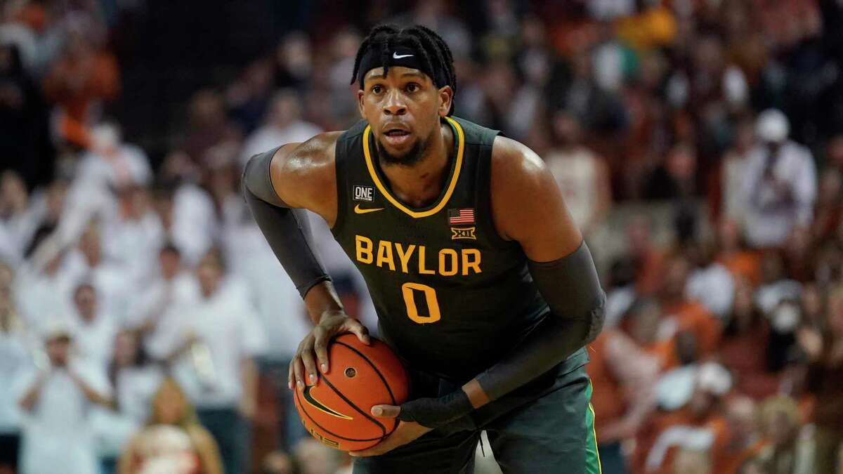 Baylor forward Flo Thamba (0) during the first half of an NCAA college basketball game, Monday, Feb. 28, 2022, in Austin, Texas. (AP Photo/Eric Gay)