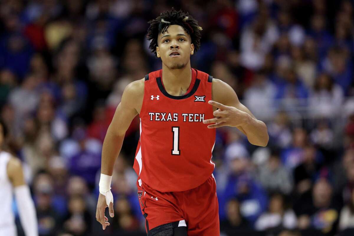 KANSAS CITY, MISSOURI - MARCH 12: Terrence Shannon Jr. #1 of the Texas Tech Red Raiders reacts in the first half against the Kansas Jayhawks during the finals of the 2022 Phillips 66 Big 12 Men's Basketball Championship at T-Mobile Center on March 12, 2022 in Kansas City, Missouri. (Photo by Jamie Squire/Getty Images)