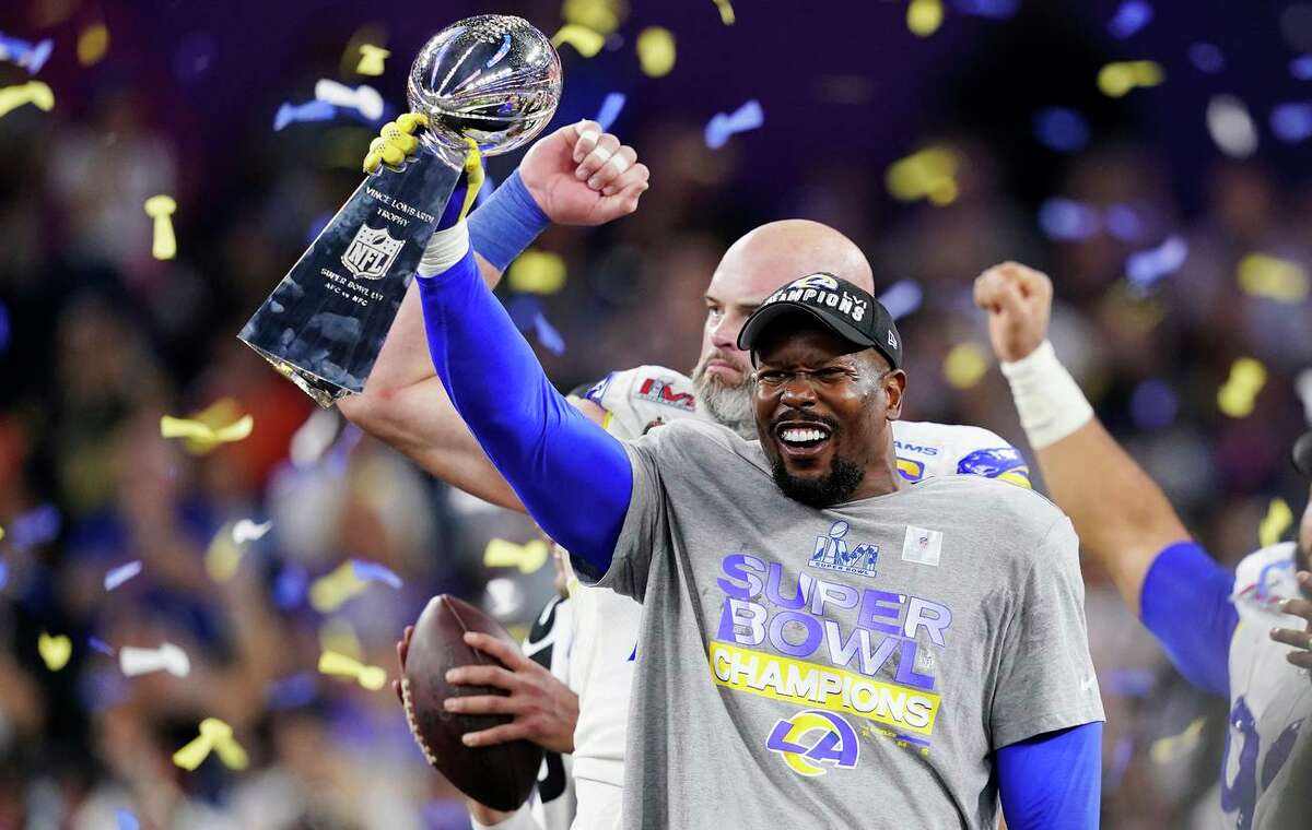 Linebacker Von Miller holds up the Vince Lombardi trophy after helping the Rams beat the Bengals in the Super Bowl in February. Now, the three-time All-Pro is off to Buffalo.