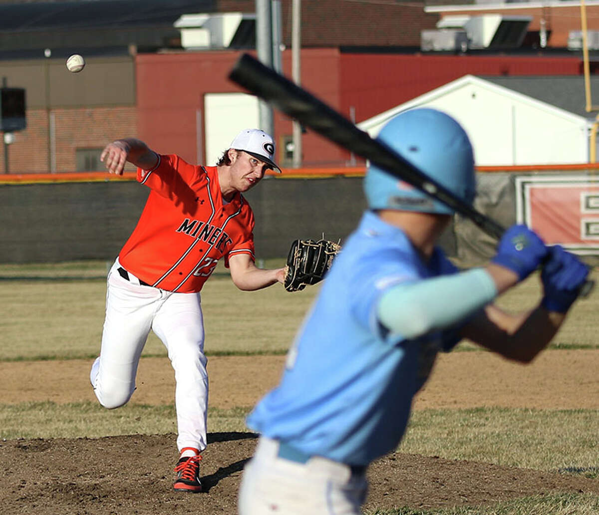 Gillespie pitcher Kamryn Link delivers to a Jersey hitter in a nonconference baseball game Wednesday afternoon in Gillespie.