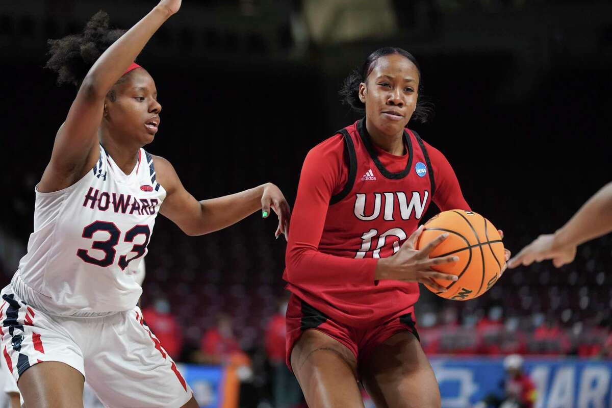 Incarnate Word guard Destiny Terrell (10) drives to the basket against Howard guard Kaniyah Harris (33) during the first half of a First Four game in the NCAA college basketball tournament Wednesday, March 16, 2022, in Columbia, S.C. (AP Photo/Sean Rayford)