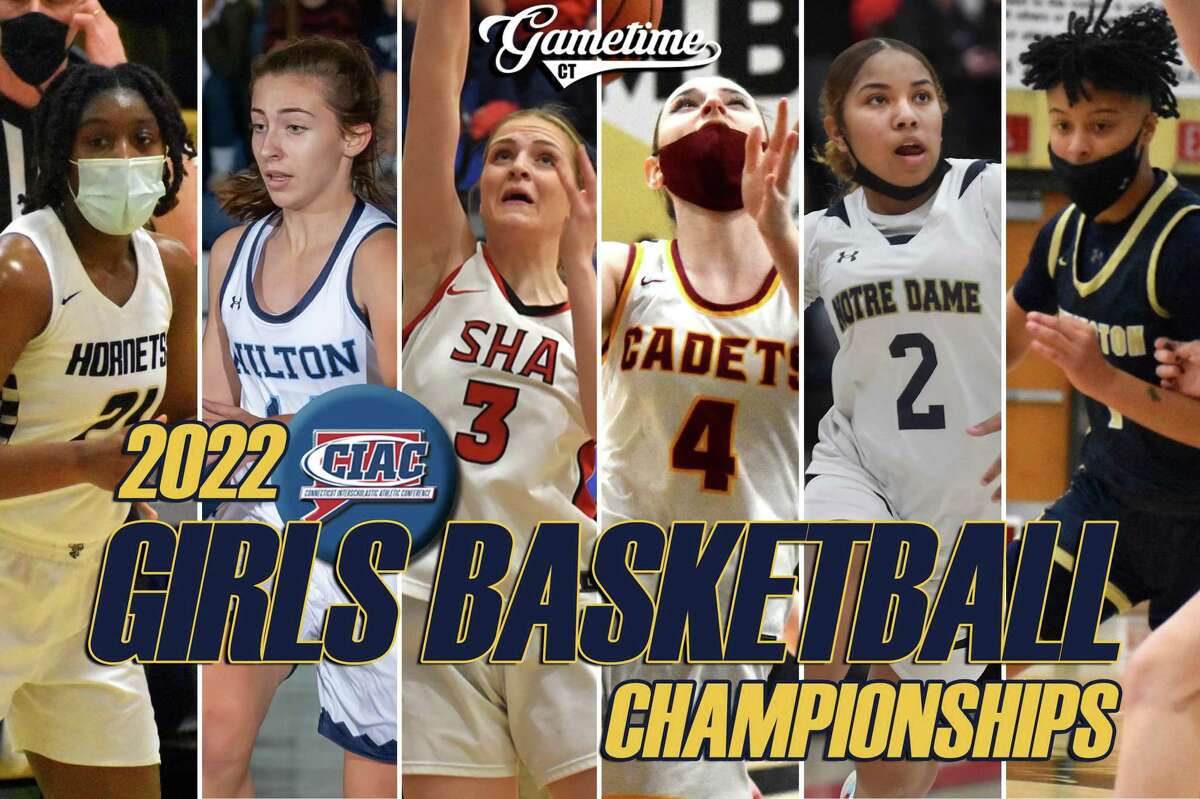 Collage of some of the top 2022 CIAC Girls Basketball Championship games at Mohegan Sun the weekend of March 19-20 at Mohegan Sun Arena in Uncasville: From left, East Hartford’s Shailyn Pinkney and Wilton’s Leah Martins (Class LL); Sacred Heart Academy’s Carina Ciampi and St. Joseph’s Katherine Rudini (Class MM); Newington’s Lily Ferguson and Notre Dame of Fairfield’s Aizhanique Mayo (Class L).