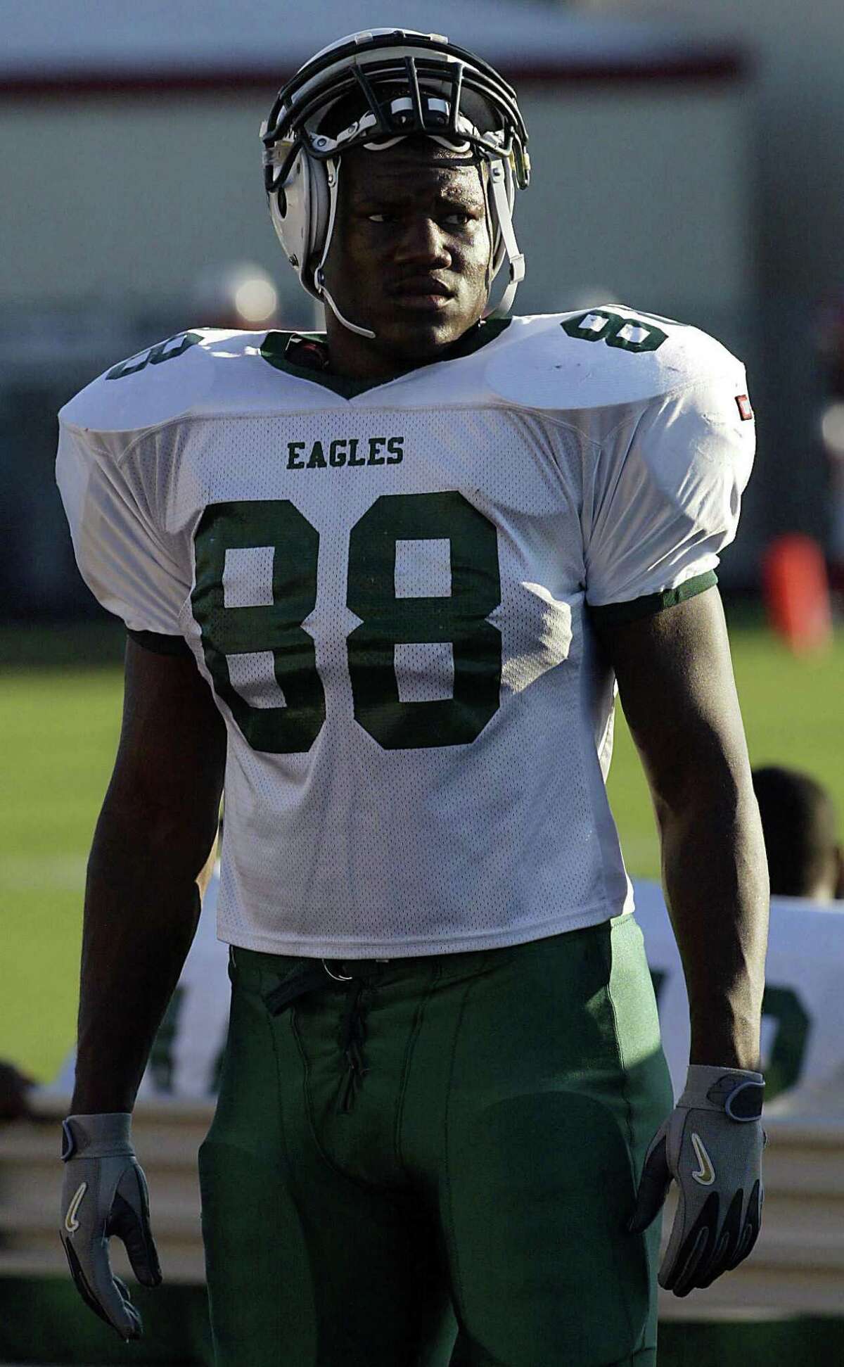 Klein Forest's McCollins Umeh before Friday's high school football game at Tomball high school's Cougar Stadium in Tomball, Texas September 12,2003. James Nielsen (Special to the Chronicle)