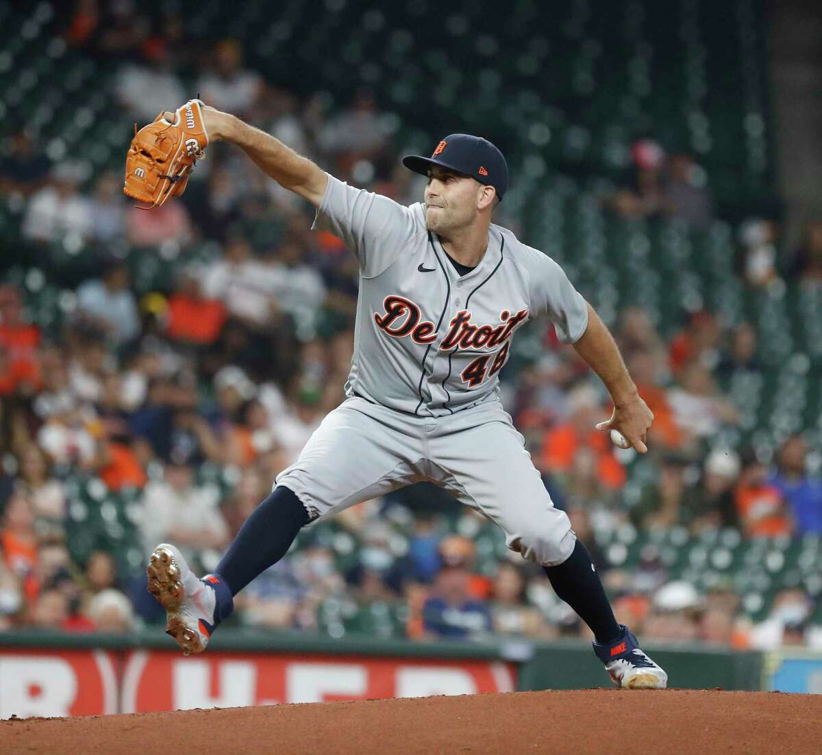 Detroit Tigers starting pitcher Matthew Boyd (48) pitches during the second inning of an MLB baseball game at Minute Maid Park, in Houston, Tuesday, April 13, 2021.