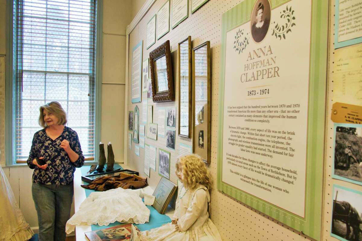 Karen Beck, president of the Bethlehem Historical Association, talks about the exhibit on Anna Hoffman Clapper currently at the museum, on Thursday, March 17, 2022, in Selkirk, N.Y.