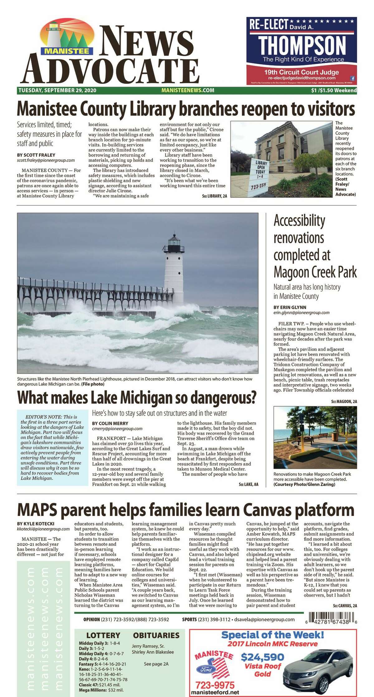 The Manistee News Advocate staff won first place for newspaper design in the Michigan Press Association Better Newspaper Contest for the Sept. 29, 2020 edition.