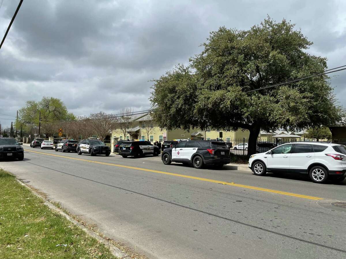 San Antonio police investigate an early afternoon shooting that left a 14-year-old boy wounded in the 700 block of West Mayfield Boulevard on Thursday, March 17, 2022.