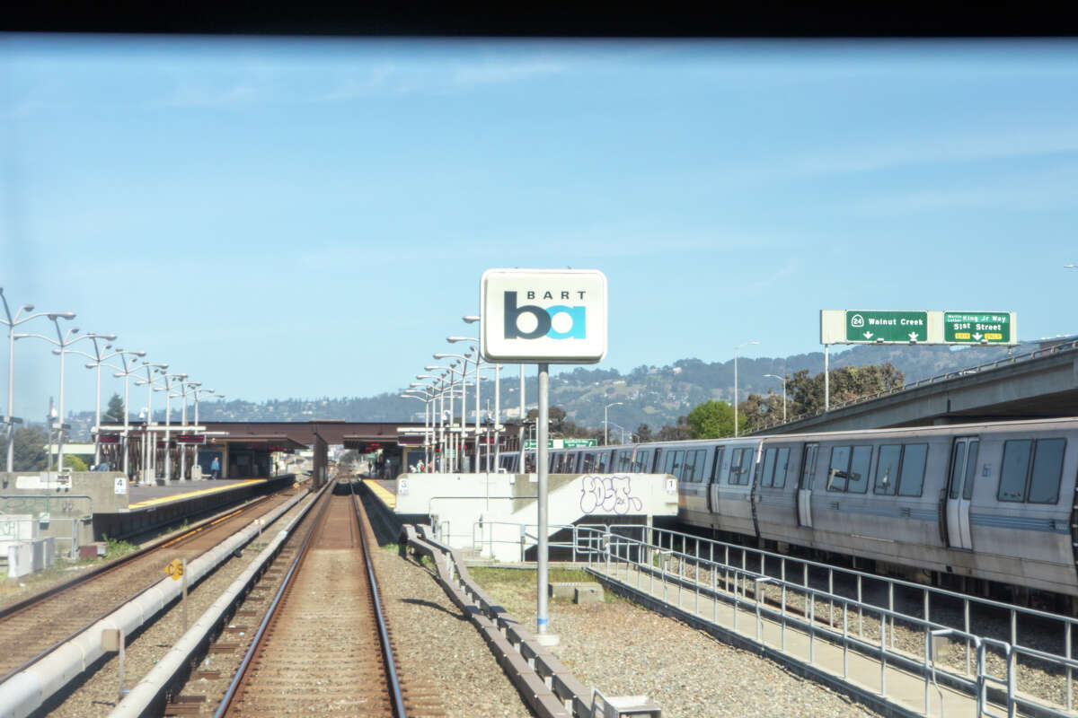 The operator's view from the cab as a BART train enters MacArthur Station in Oakland during a run from SFO to Pittsburg on March 16, 2022.