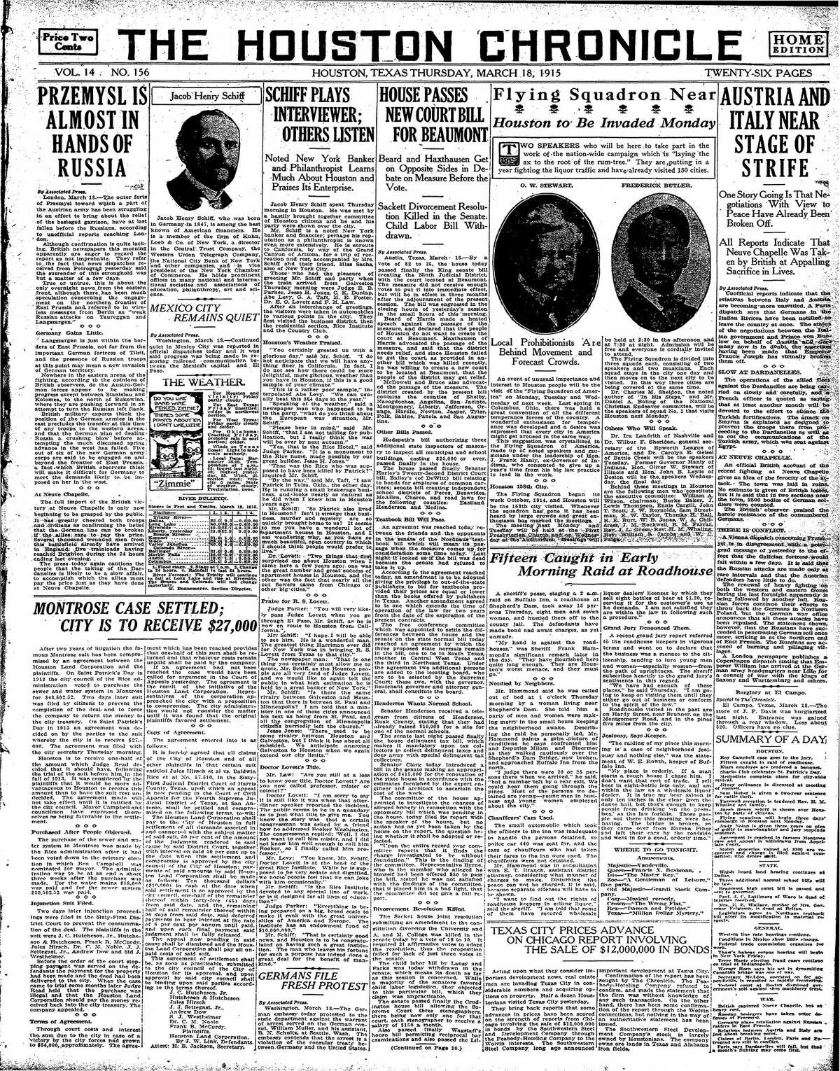 Houston Chronicle front page from March 18, 1915.