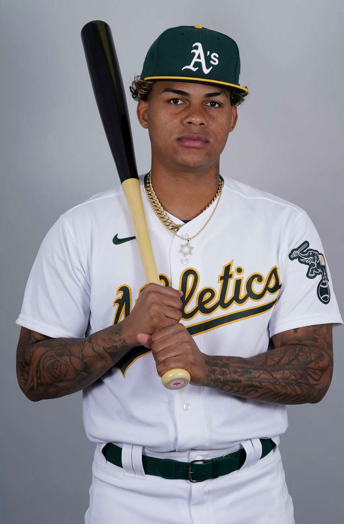 Cristian Pache of the A’s was Atlanta’s Opening Day center fielder last season, but injuries slowed his progress.