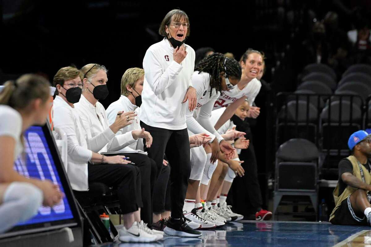 Stanford head coach Tara VanDerveer calls to her team during an NCAA college basketball game against Oregon State in the quarterfinals of the Pac-12 women's tournament Thursday, March 3, 2022, in Las Vegas. (AP Photo/David Becker)
