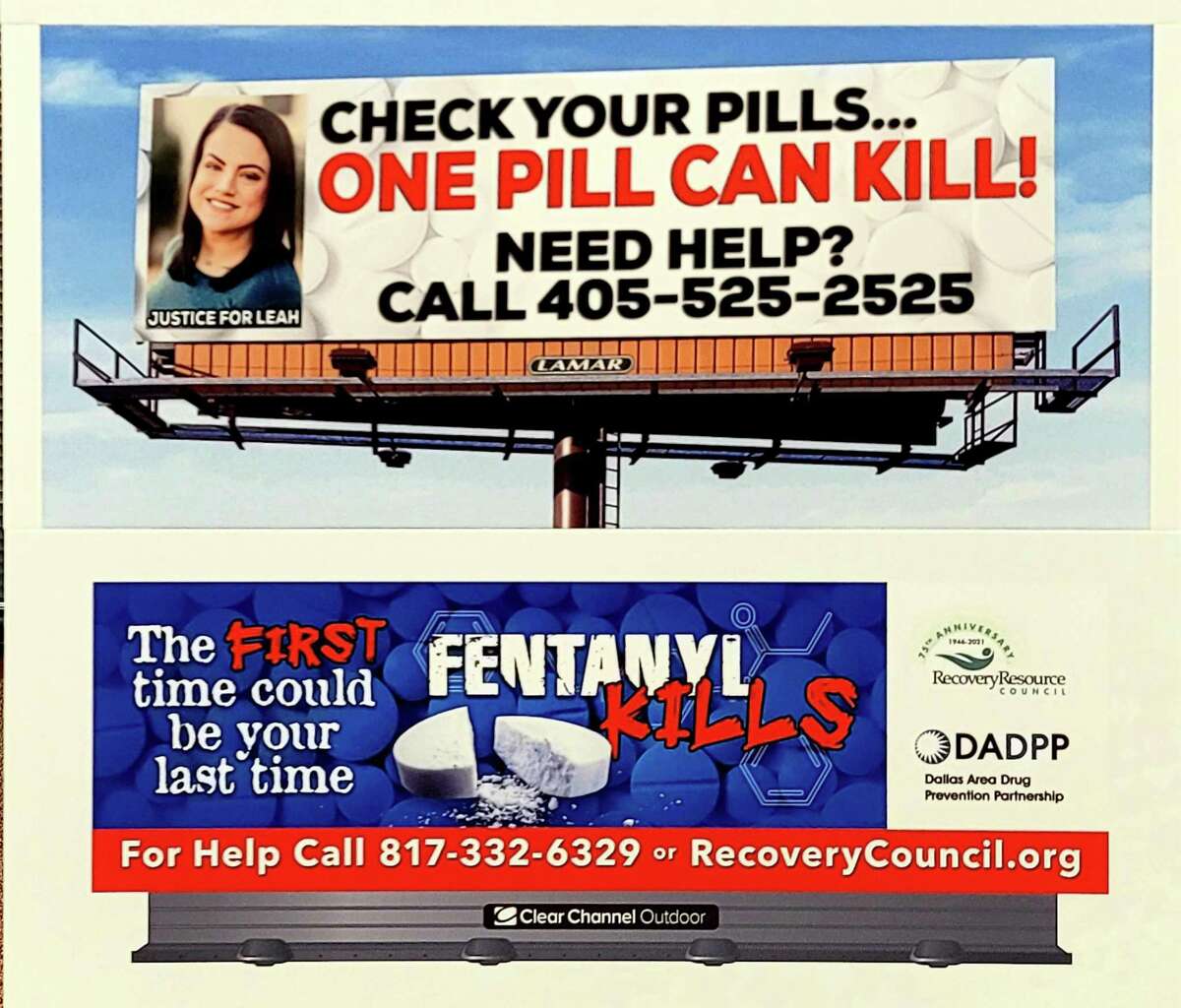 Examples of billboards that will be displayed around Houston as part of a campaign launched on Thursday, March 17 of 2022 to raise awareness about a dramatic increase in overdoses involving the synthetic opioid fentanyl in the area and Texas.