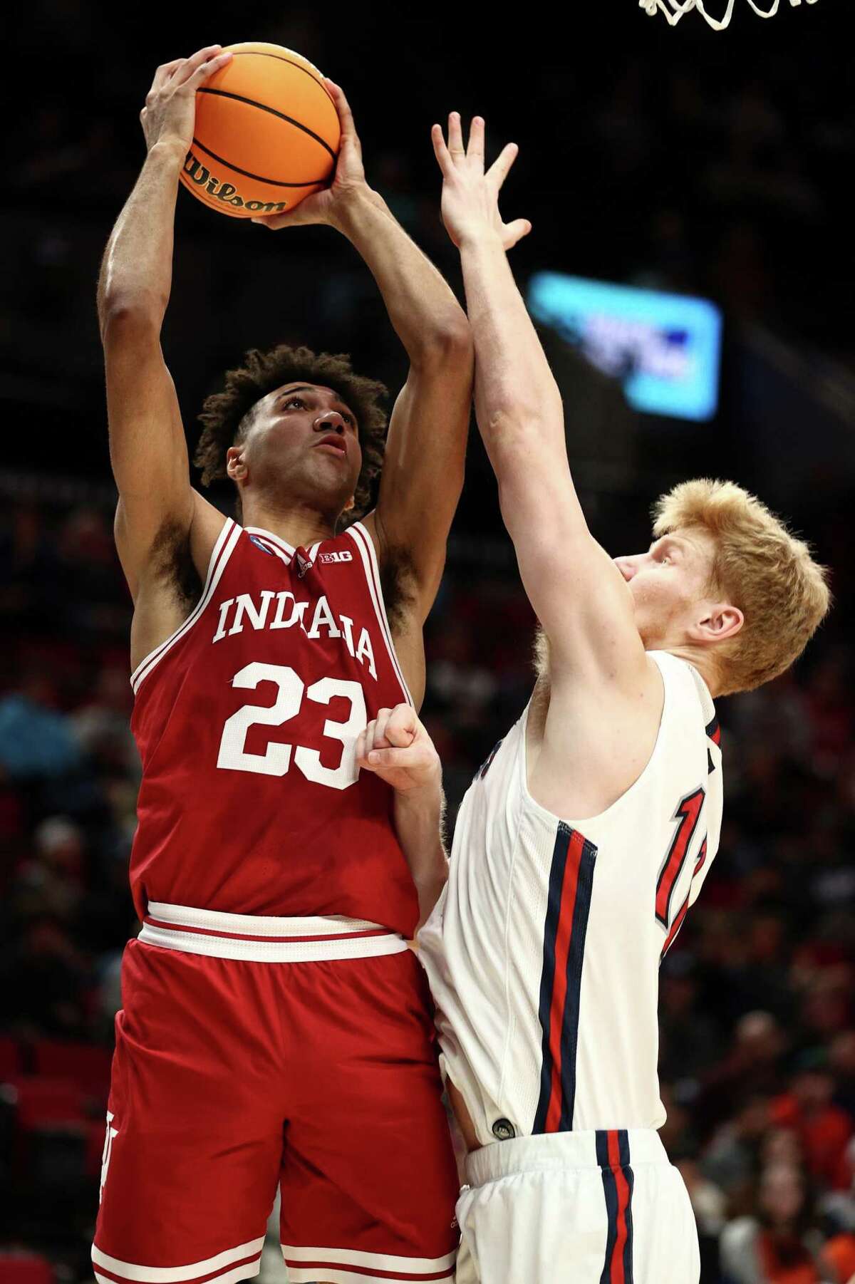 PORTLAND, OREGON - MARCH 17: Trayce Jackson-Davis #23 of the Indiana Hoosiers goes up for a shot Matthias Tass #11 of the St. Mary's Gaels in the first round game of the 2022 NCAA Men's Basketball Tournament at Moda Center on March 17, 2022 in Portland, Oregon. (Photo by Ezra Shaw/Getty Images)
