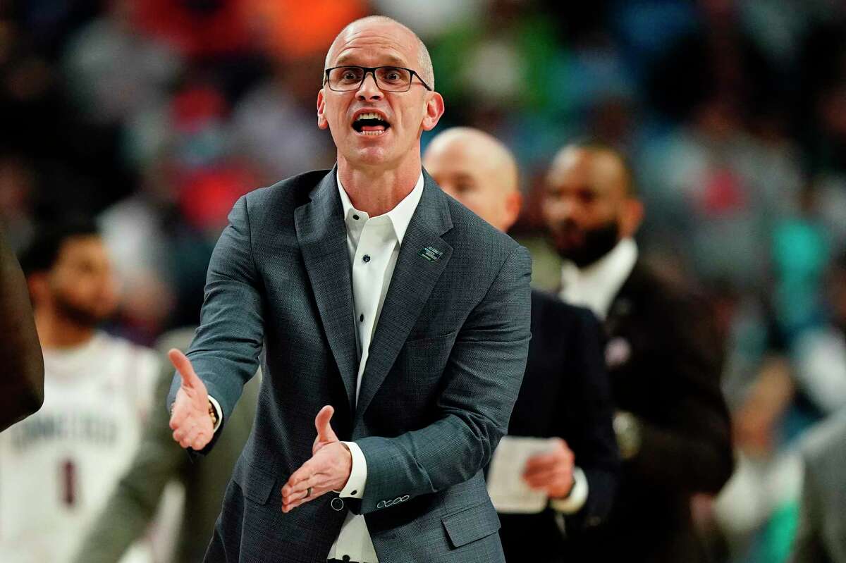 Connecticut head coach Dan Hurley reacts during the first half of a college basketball game against New Mexico State in the first round of the NCAA men's tournament, Thursday, March 17, 2022, in Buffalo, N.Y. (AP Photo/Frank Franklin II)
