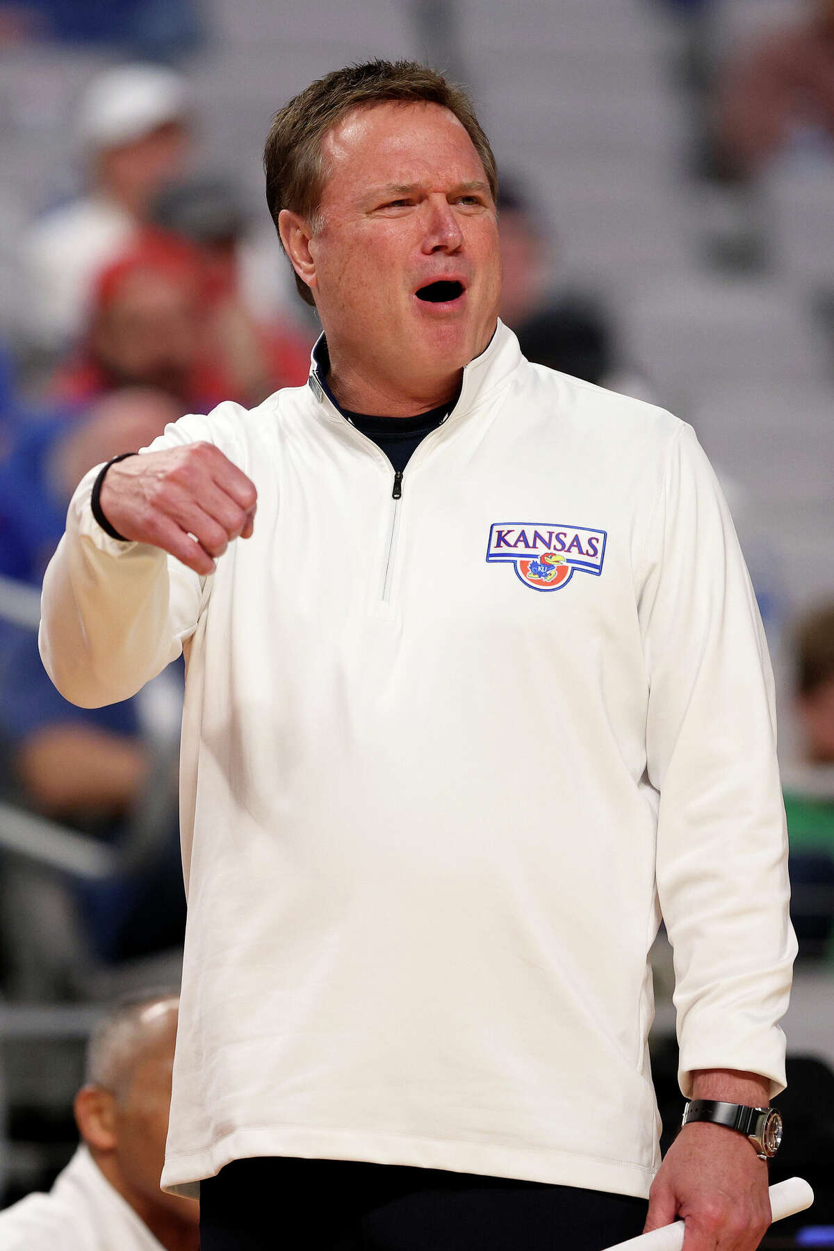 FORT WORTH, TEXAS - MARCH 17: Head coach Bill Self of the Kansas Jayhawks looks on against the Texas Southern Tigers during the second half in the first round of the 2022 NCAA Men's Basketball Tournament at Dickies Arena on March 17, 2022 in Fort Worth, Texas. (Photo by Tom Pennington/Getty Images)