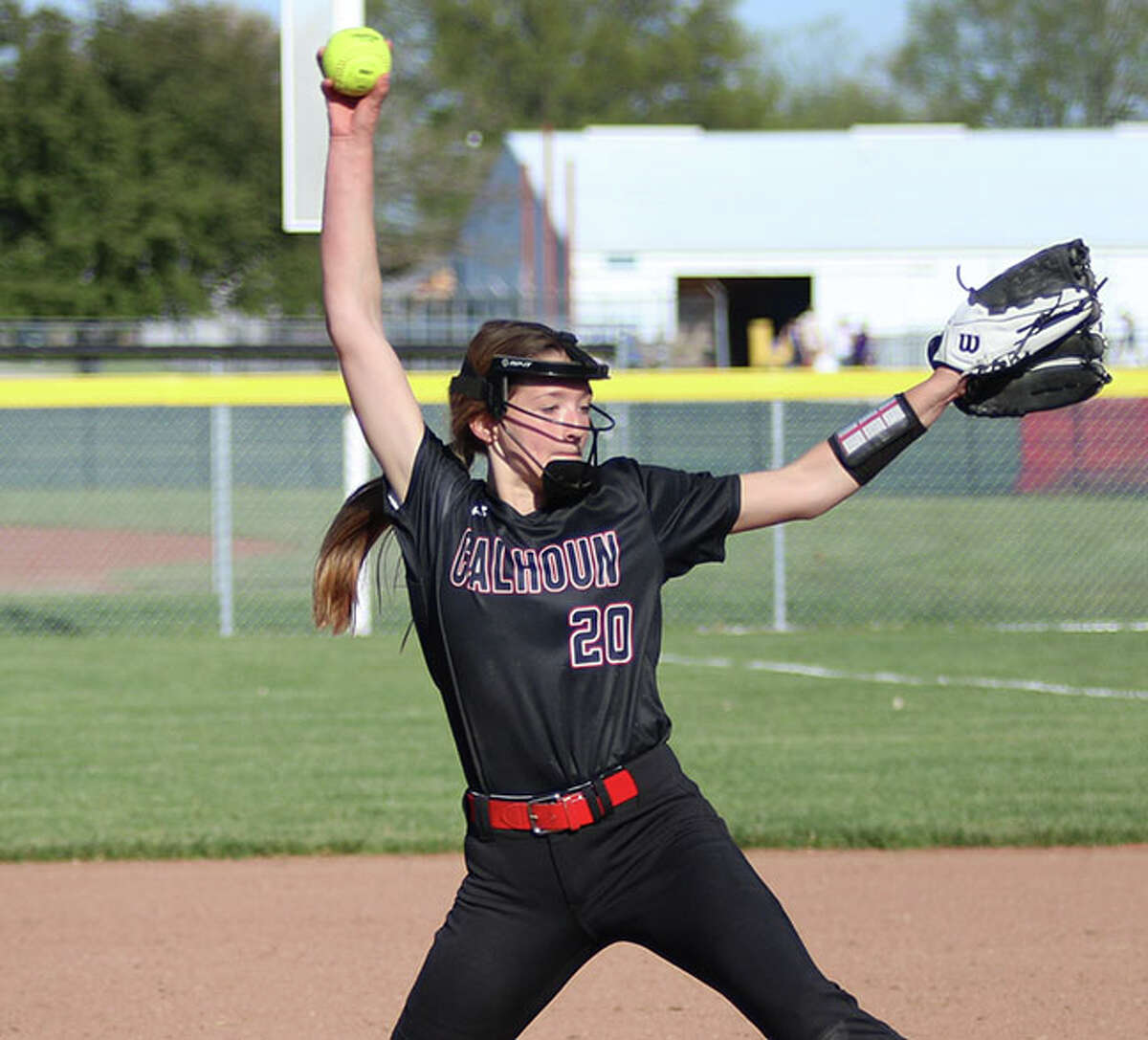 Calhoun's Kylie Angel, shown in a game last season, pitched five innings to earn the win Thursday in the Warriors' season-opening victory at Carlinville.
