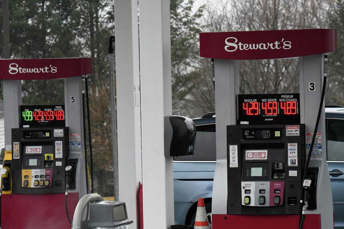 Gas prices at an Albany Shaker Road Stewart’s Shops gas station on Friday, March 18, 2022, in Albany, N.Y.