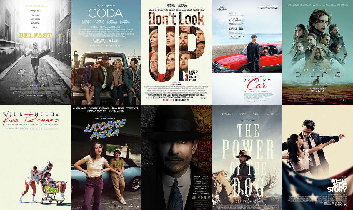 This combination of photos shows promotional art for the films nominated for an Oscar for best picture — "Belfast" (top row, from left), "CODA," Don't Look Up," Drive My Car," Dune," "King Richard" (bottom row, from left), "Licorice Pizza," "Nightmare Alley," "The Power of the Dog" and "West Side Story."