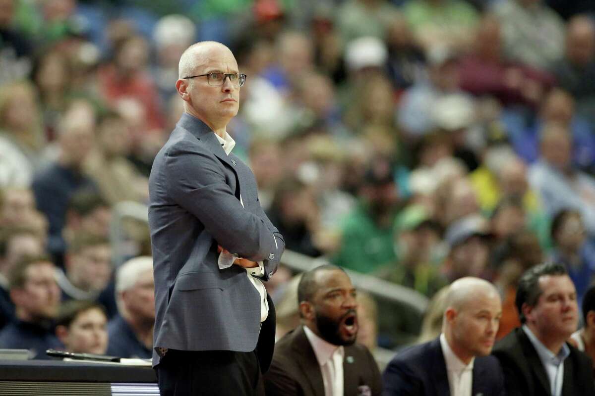 BUFFALO, NEW YORK - MARCH 17: Head coach Dan Hurley of the Connecticut Huskies looks on against the New Mexico State Aggies during the first half in the first round game of the 2022 NCAA Men's Basketball Tournament at KeyBank Center on March 17, 2022 in Buffalo, New York. (Photo by Joshua Bessex/Getty Images)