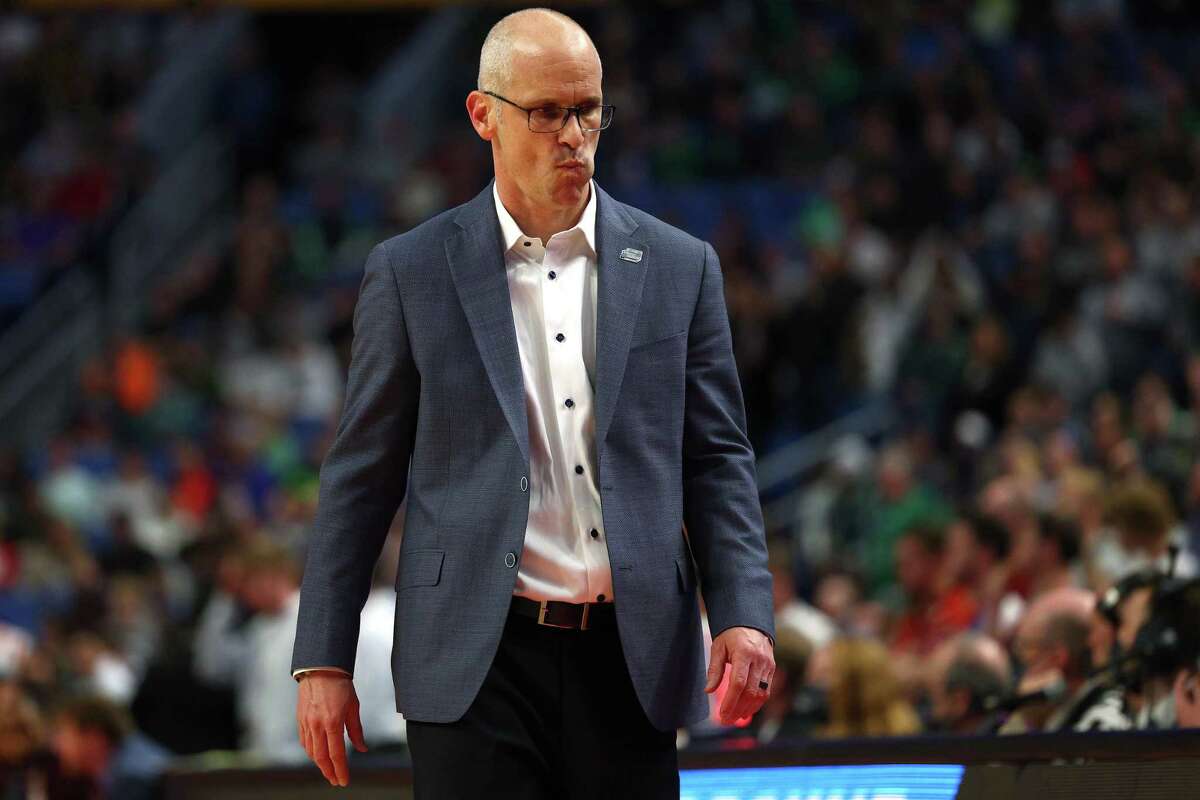 UConn coach Dan Hurley walks off the court after Thursday's loss to New Mexico State in the first round of the NCAA Tournament.