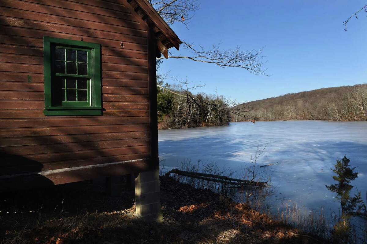 The view of the lake from Point Cabin at Deer Lake Scout Reservation in Killingworth photographed on January 27, 2022.