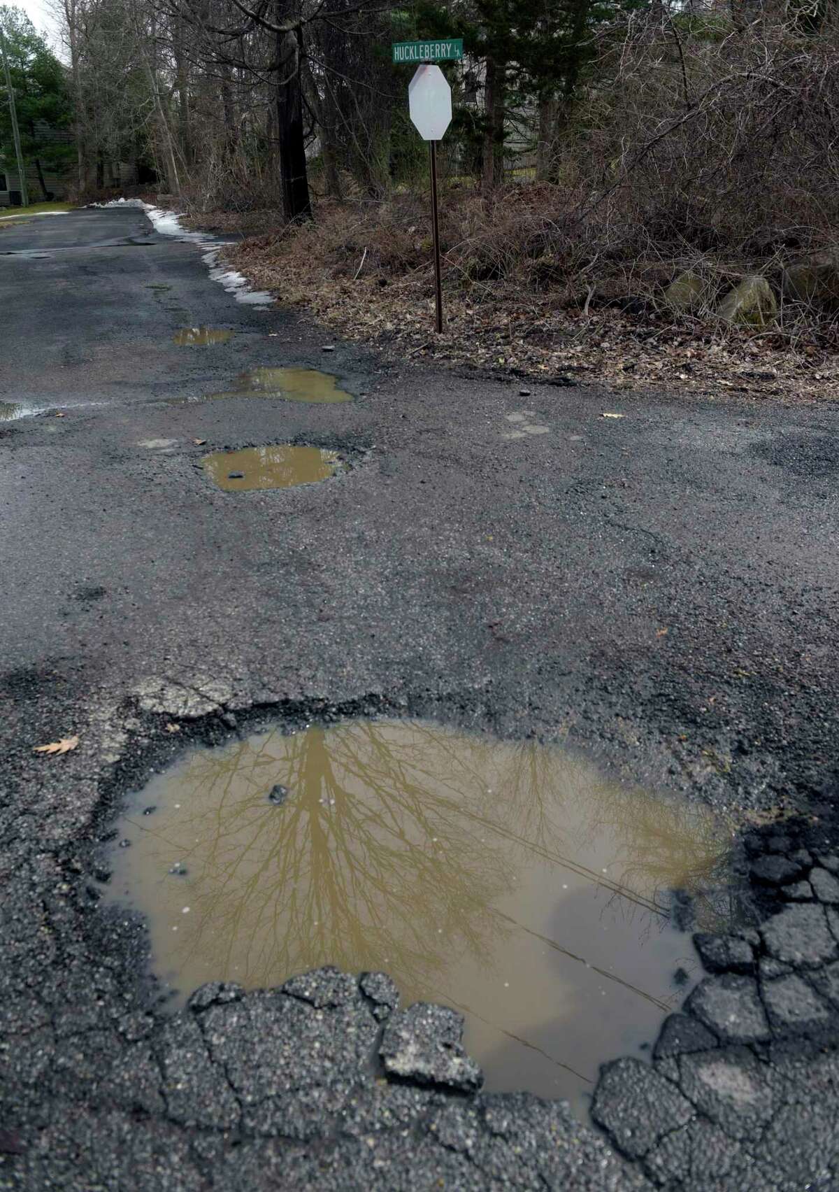 Potholes on Huckleberry Lane, Danbury, Conn. Monday March 7, 2022.