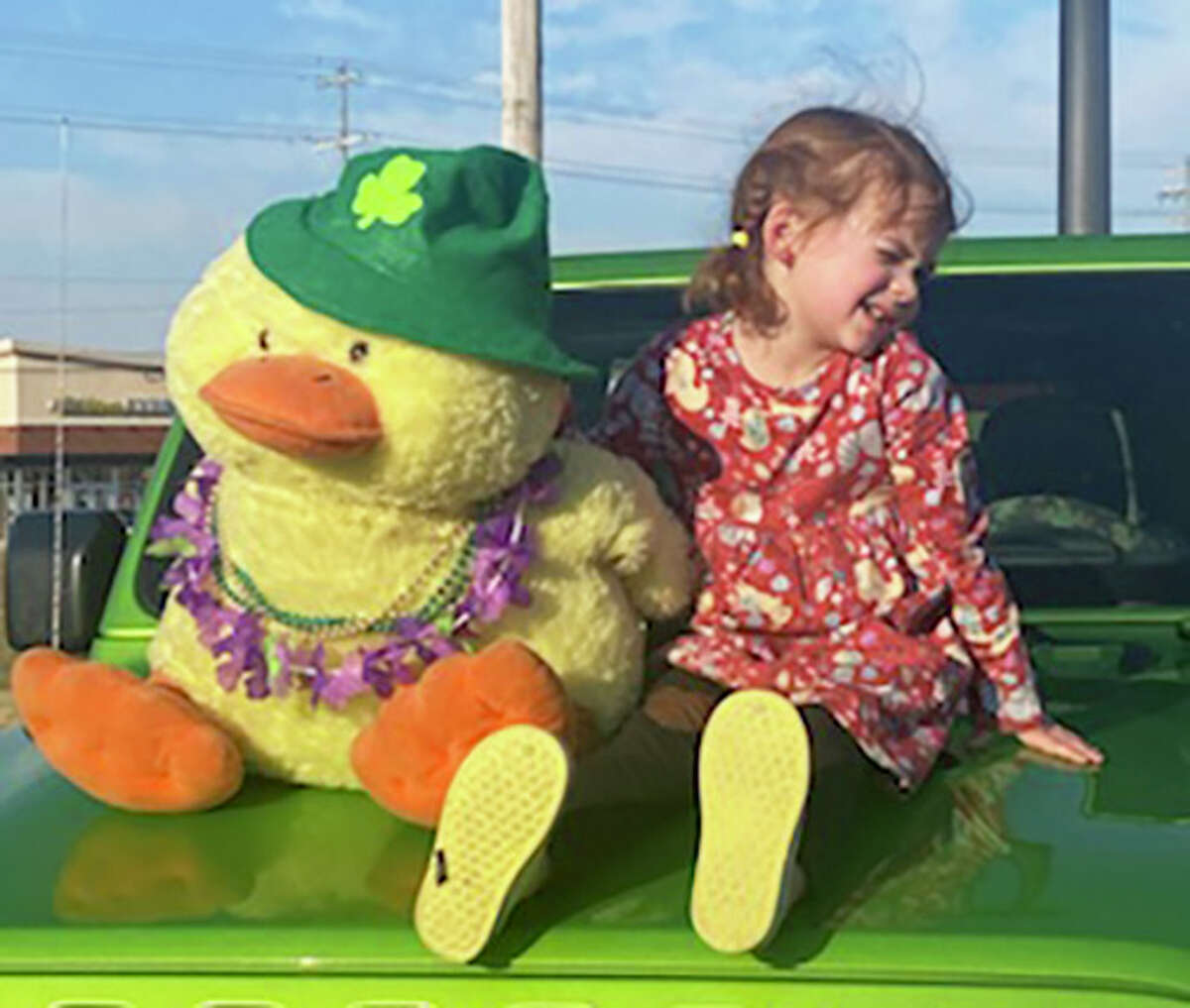 Mr. Vanderquack with a young fan during an appearance in the Alton area. The giant plush duck is the ambassador for a Jeep-related fundraising effort for St. Jude Children’s Research Hospital started by East Alton resident Lisa Unverzagt.