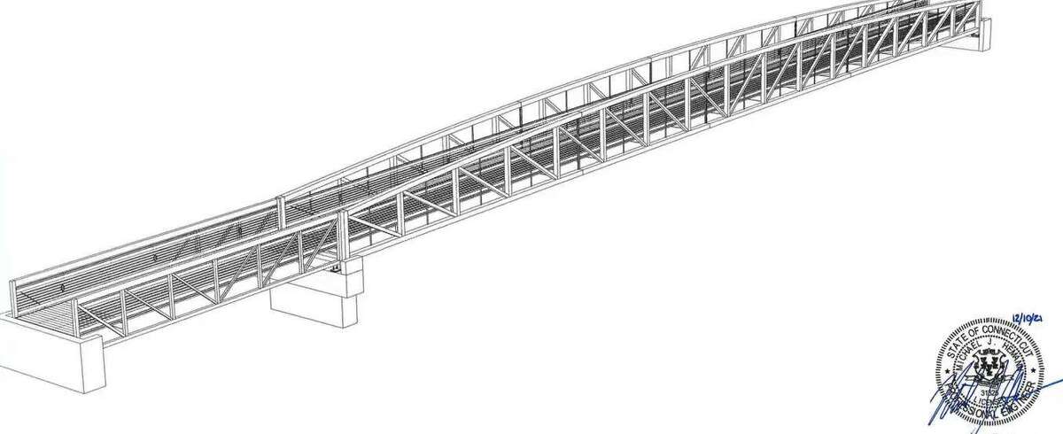 An engineer’s rendering shows a proposed pedestrian bridge for across the Rippowam River in Stamford, Conn. Thursday, March 17, 2022. The city has moved to build a footbridge spanning the Rippowam River running parallel to the railroad tracks connecting Greenwich Avenue to an easement adjacent to the Charter Communications headquarters.