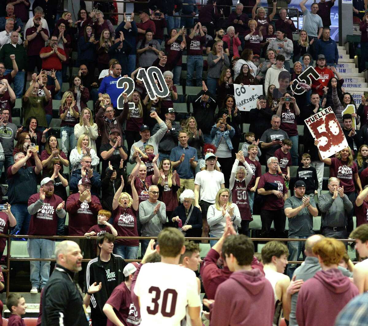 Stillwater boys basketball fans clap for their team following the boys’ victory over Salamanca in their Class C state semifinal at Cool Insuring Arena in Glens Falls, N.Y., on Friday, Mar. 18, 2022. (Jenn March, Special to the Times Union)