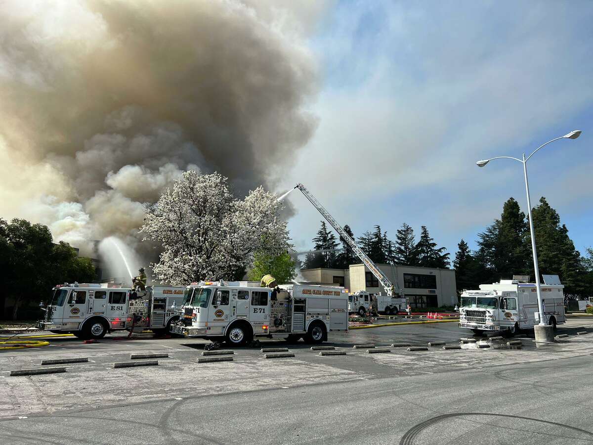 The fire in a three-story, 50,000 square foot building at Dell Avenue and Knowles Drive in Campbell, Calif. ignited shortly after 10 a.m. It was expected to burn for hours even after firefighters arrived.