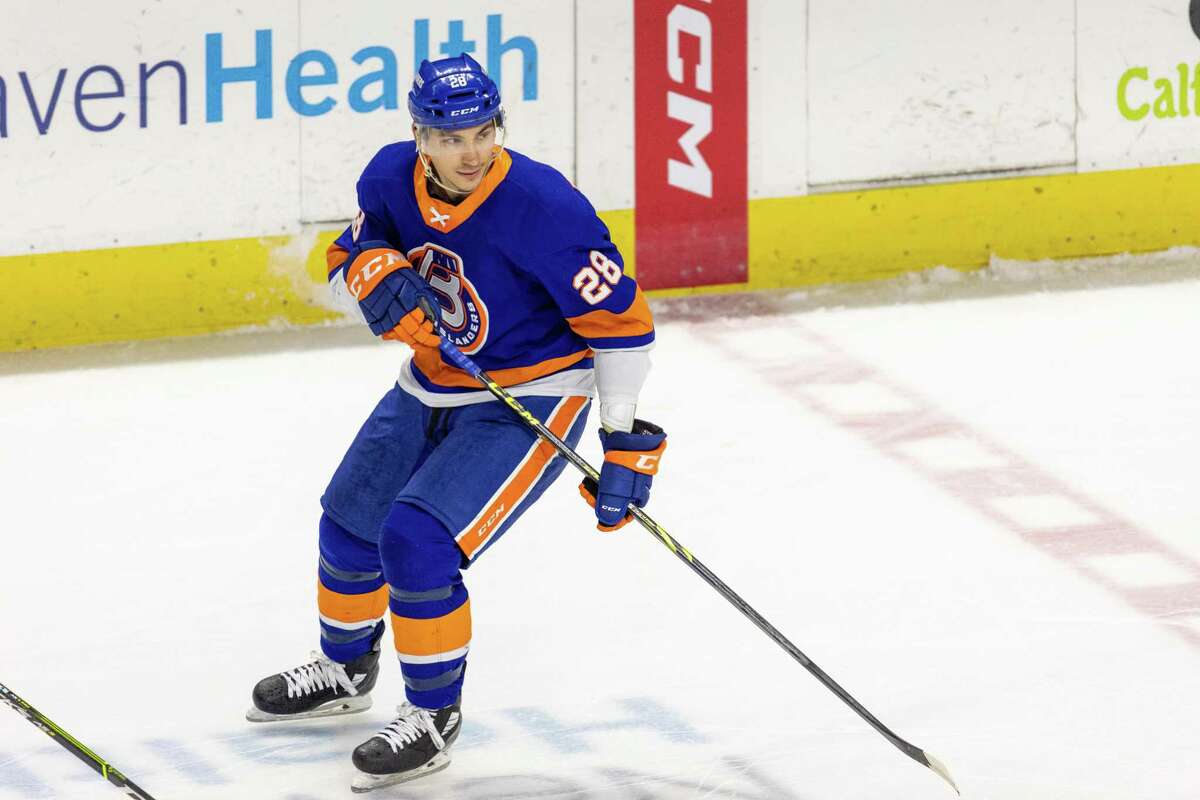 Bridgeport Islanders forward Michael Dal Colle (28) skates against the Hershey Bears during an AHL hockey game on Saturday, March 11, 2022 at Total Mortgage Arena in Bridgeport, Conn.