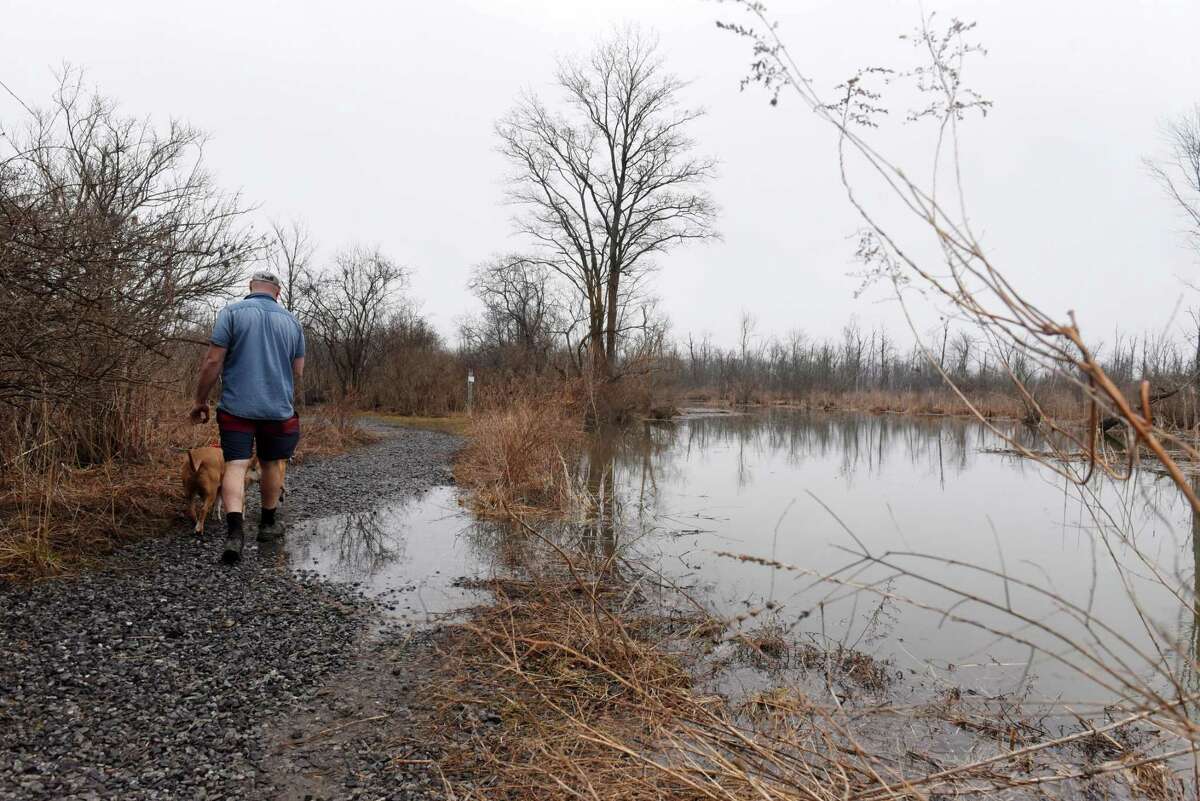A trail is flooded at high tide from the Hudson River at RamsHorn-Livingston Audubon Sanctuary on Thursday, March 17, 2022, in Catskill, N.Y.